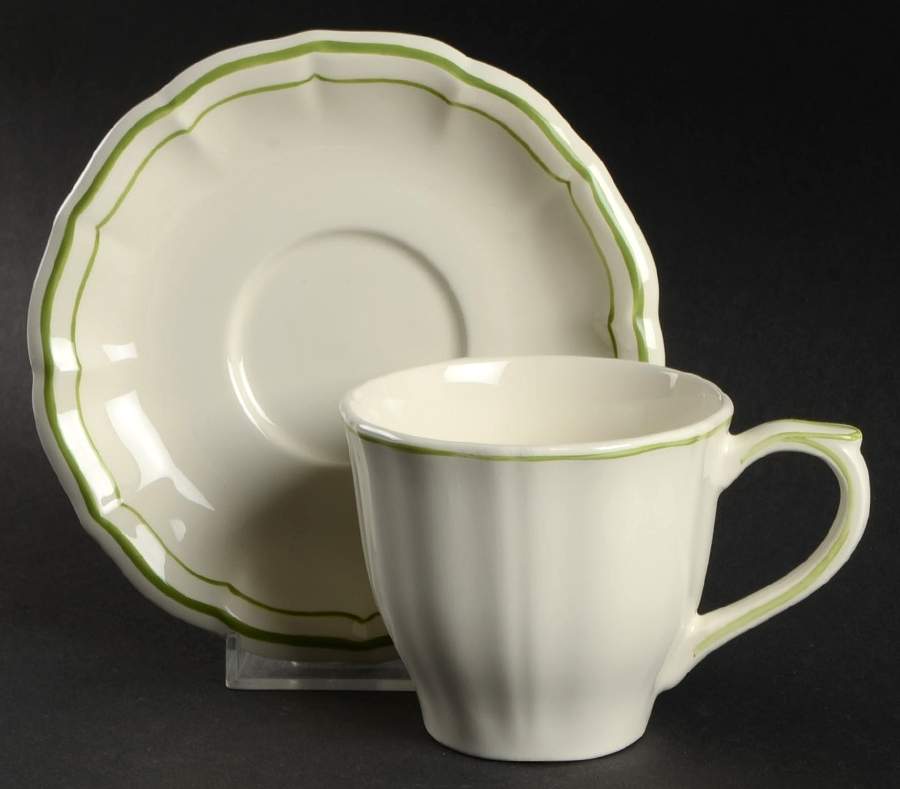 Filets Vert (GREEN) Flat Cup & Saucer Set by Faiencerie De Gien-1