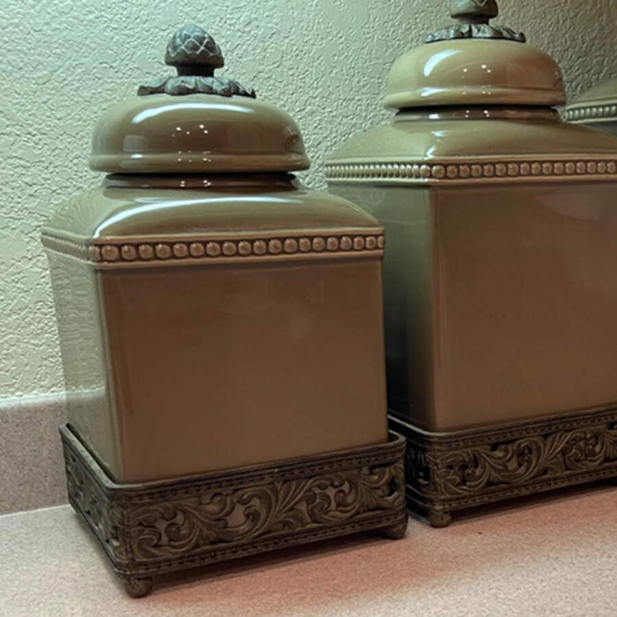 Livingstone Taupe Small Canister with Metal Base by GG Collection-1