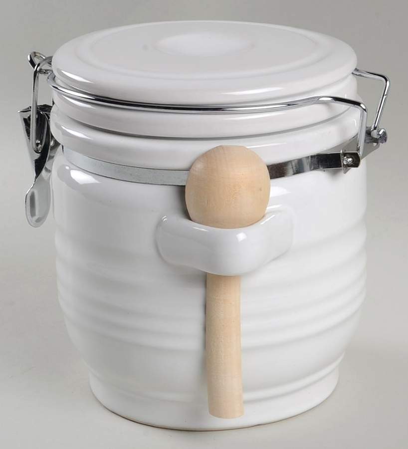 Stanza White Small Canister with Hinged Lid & Wood Spoon by Gibson Designs-1