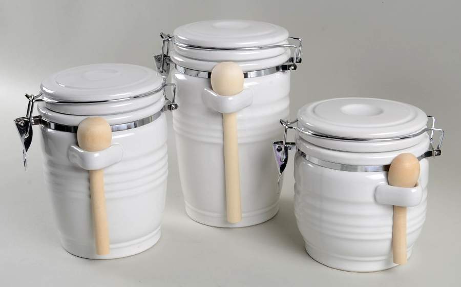 Stanza White Hinged Lid Canister - Set of 3 with/Wood Spoons by Gibson Designs-1