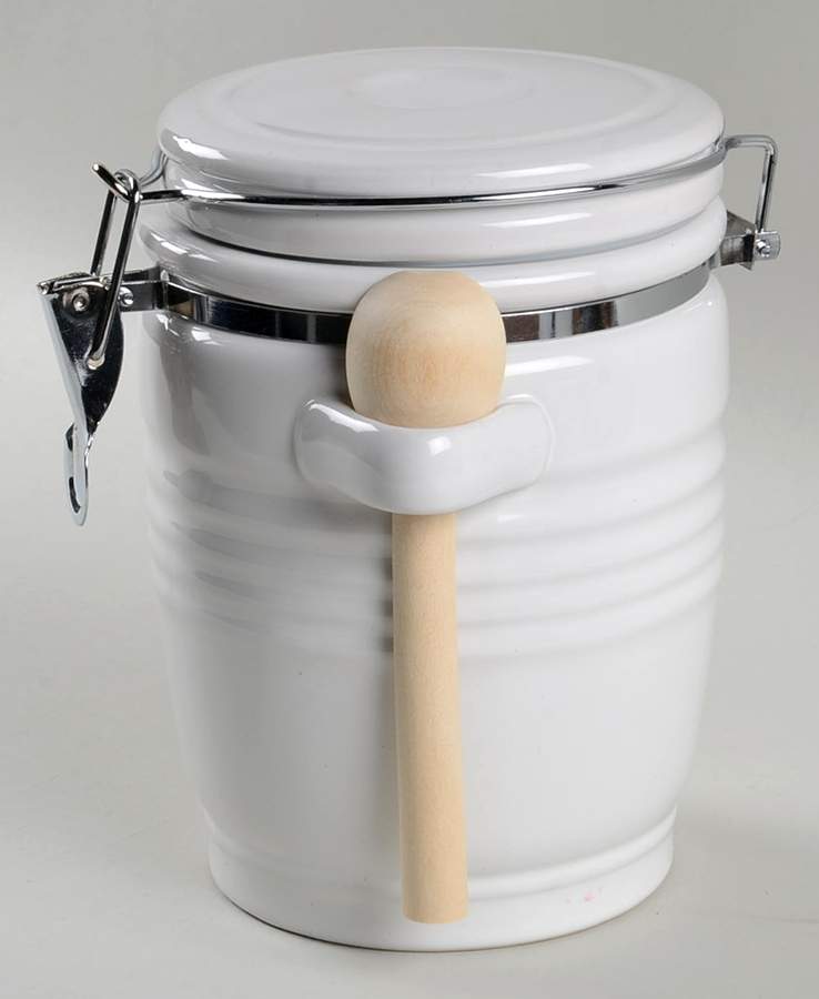 Stanza White Medium Canister with Hinged Lid & Wood Spoon by Gibson Designs-1