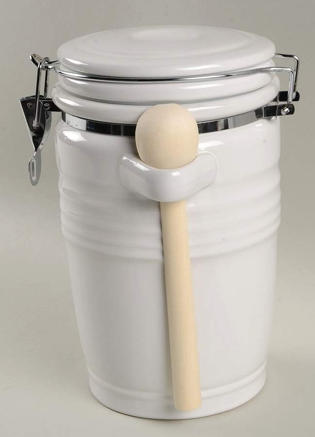 Stanza White Large Canister with Hinged Lid & Wood Spoon by Gibson Designs-1