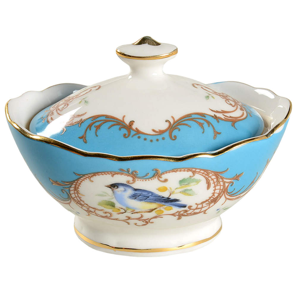 Birds Peacock Blue Sugar Bowl & Lid by Grace's Teaware-1