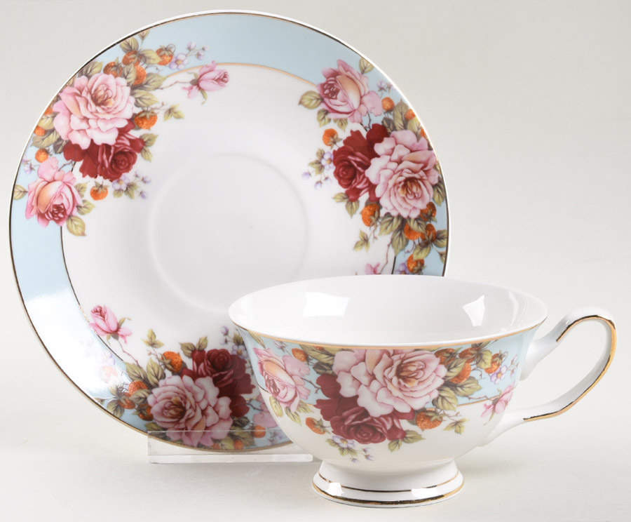 Peony and Strawberry Blue Footed Cup & Saucer Set by Gracie Bone China-1