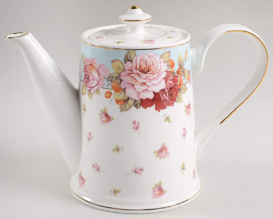 Peony and Strawberry Blue Teapot & Lid by Gracie Bone China-1