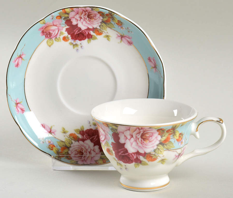 Peony and Strawberry Blue Footed Demitasse Cup & Saucer Set by Gracie Bone China-1