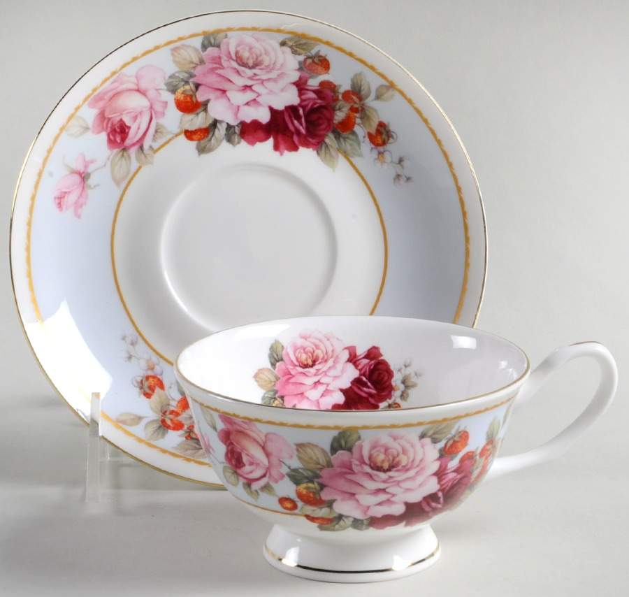 Peony and Strawberry Blue Footed Cup & Saucer Set by Gracie Bone China-1