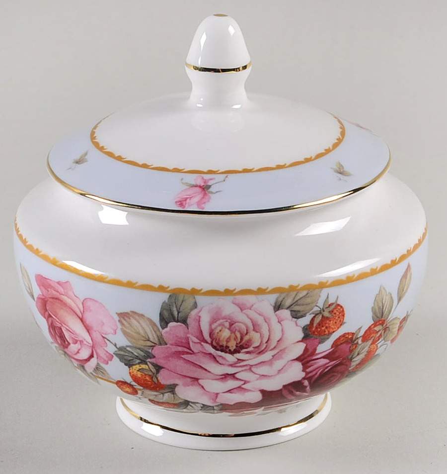 Peony and Strawberry Blue Sugar Bowl & Lid by Gracie Bone China-1