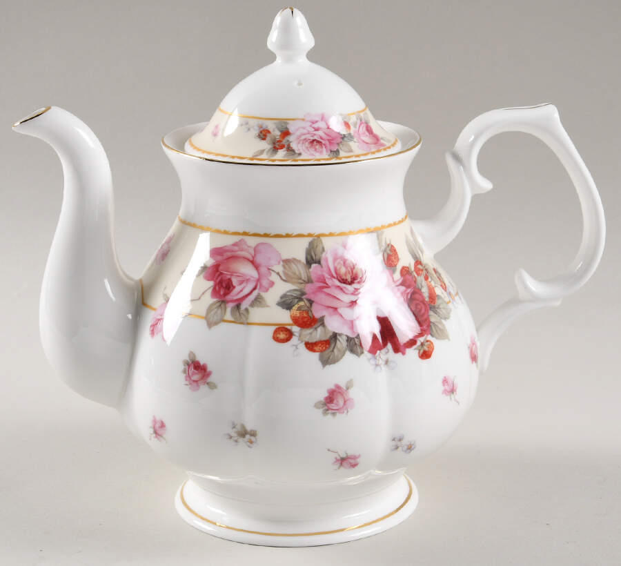 Peony and Strawberry Cream Tea/Coffee Pot & Lid by Gracie Bone China-1