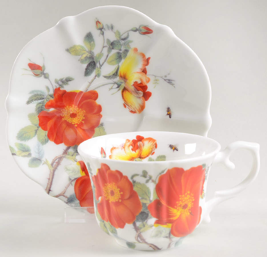 Rose and Poppy Flat Cup & Saucer Set by Gracie Bone China-1