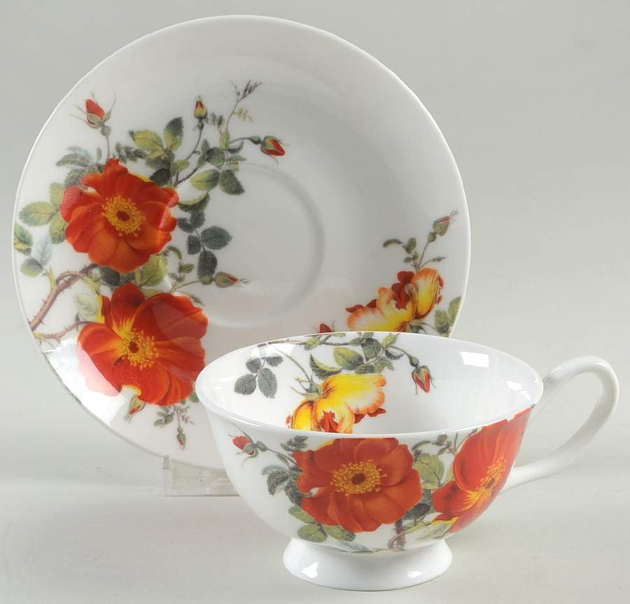 Rose and Poppy Footed Cup & Saucer Set by Gracie Bone China-1