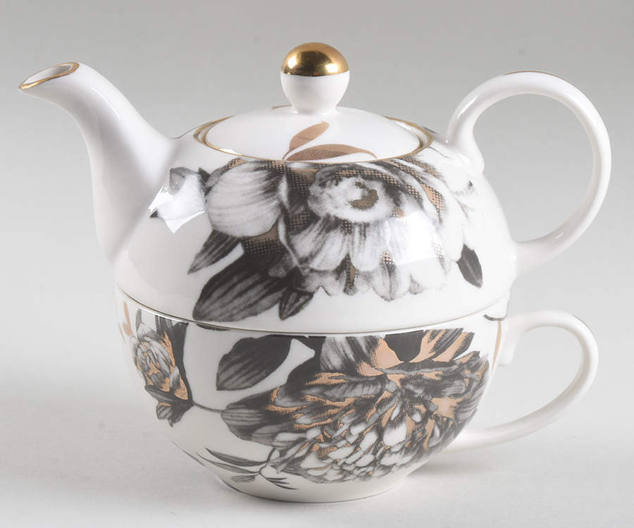 Peony Black and Gold Individual Teapot & Lid with Cup by Grace's Teaware-1
