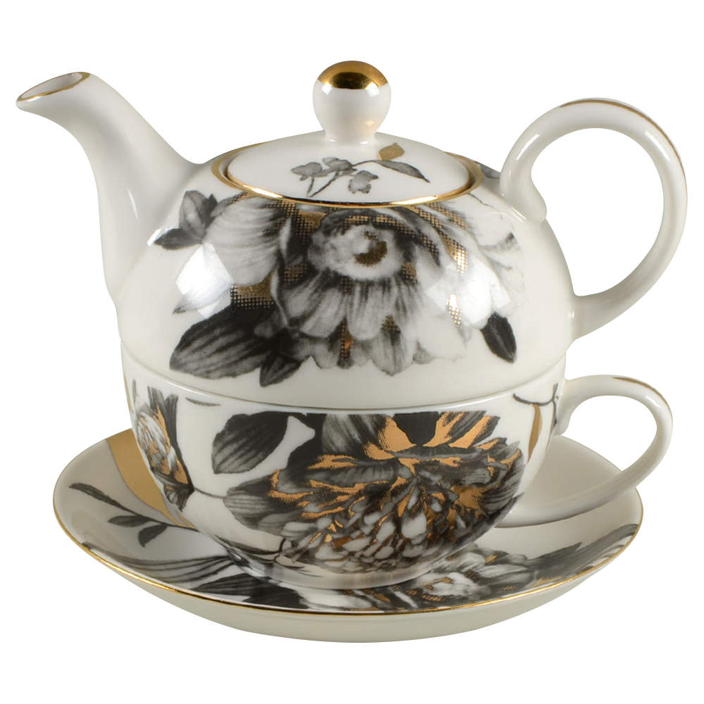 Peony Black and Gold Individual Teapot & Lid with Cup & Saucer by Grace's Teaware-1