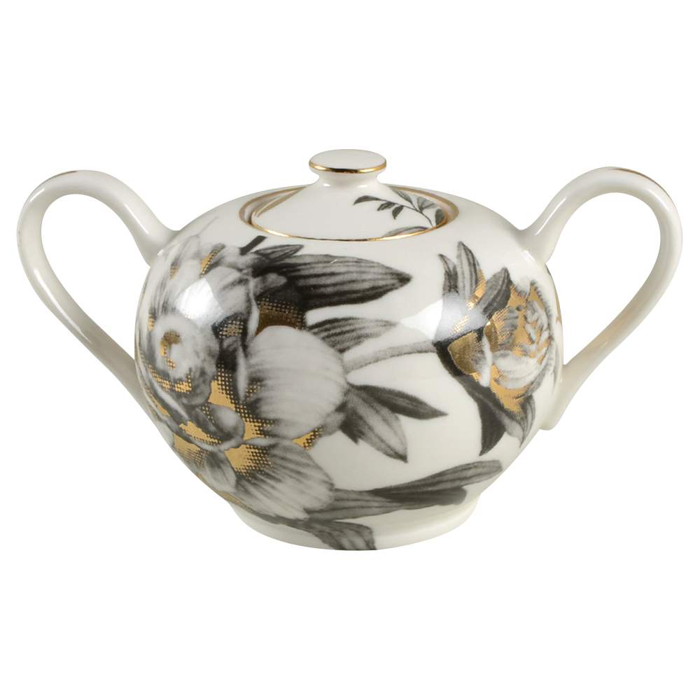 Peony Black and Gold Sugar Bowl & Lid by Grace's Teaware-1