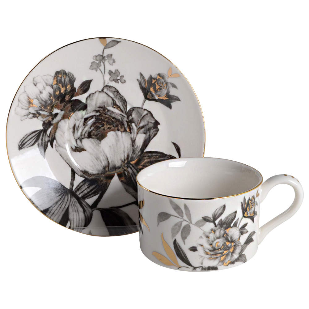 Peony Black and Gold Flat Cup & Saucer Set by Grace's Teaware-1