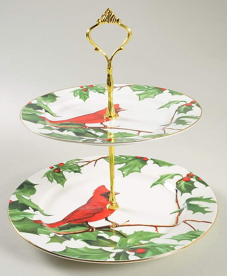 Red Cardinal 2 Tiered Serving Tray (Dinner & Salad Plate) by Grace's Teaware-1