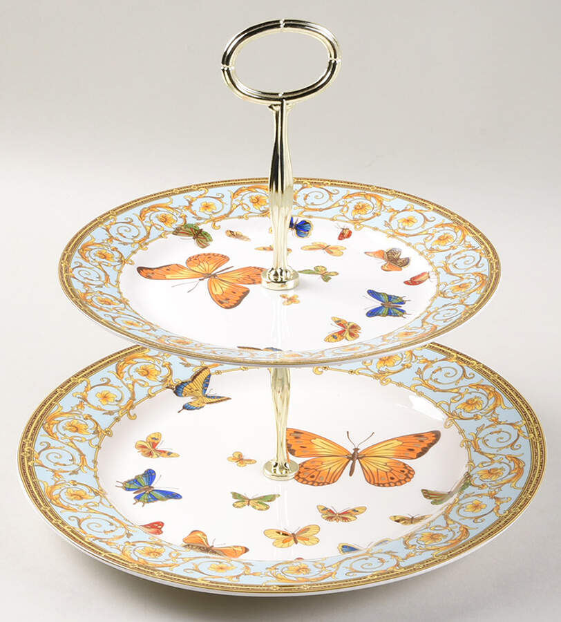 Blue Butterfly 6 5/8"-10"  2 Tiered Serving Tray (Dp, Sp) HC by Grace's Teaware-1