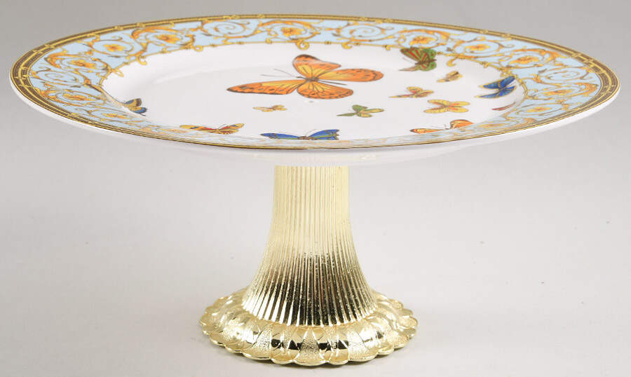 Blue Butterfly Cake Stand with 4"-5" Metal Pedestal  Hc by Grace's Teaware-1