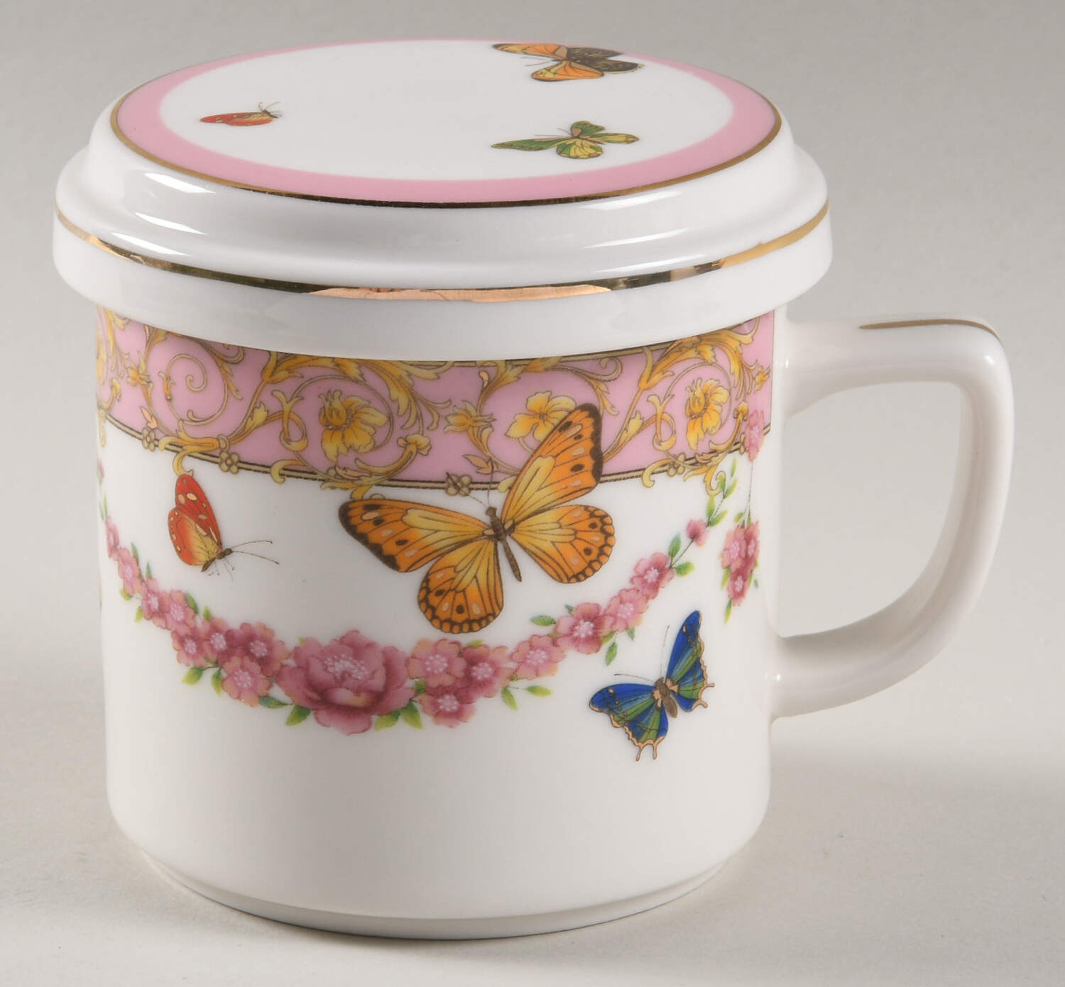 Pink Butterfly Mug & Lid w/Tea Strainer Set by Grace's Teaware-1