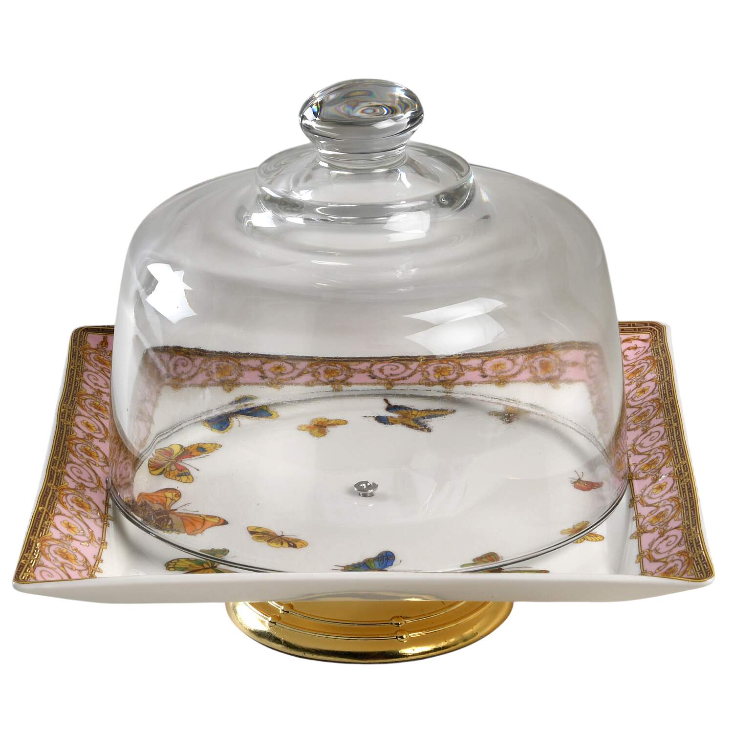 Pink Butterfly 6 1/2"-7 1/2" Footed Cheese Plate w/ Glass Dome HC by Grace's Teaware-1