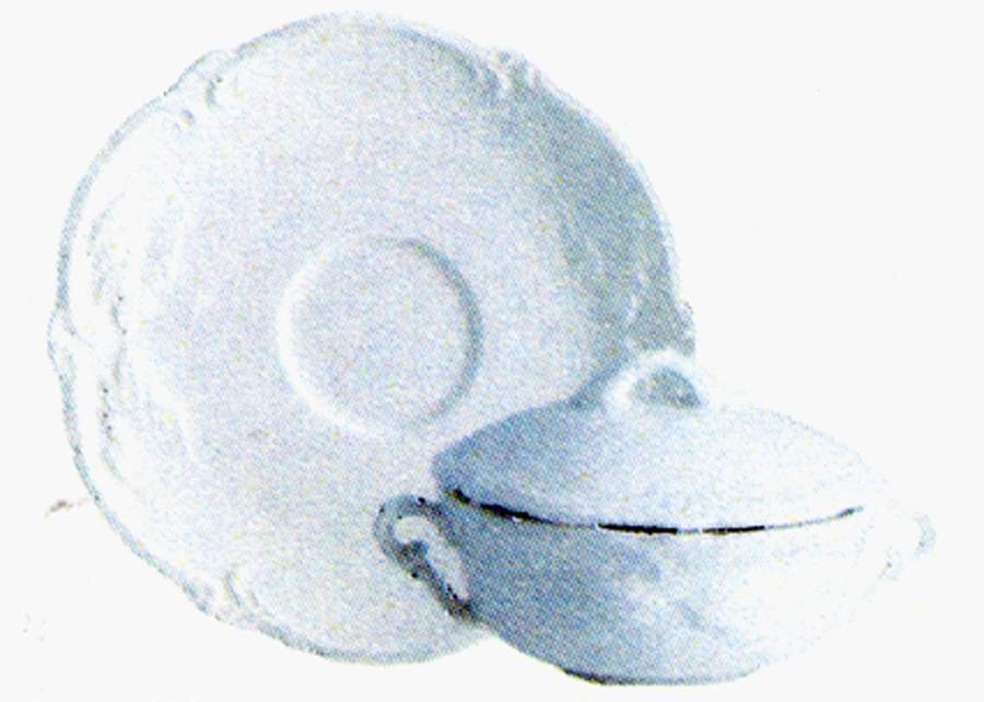 Rocaille Blanc (White) Flat Bouillon Cup and Saucer with Lid by Faiencerie De Gien-1