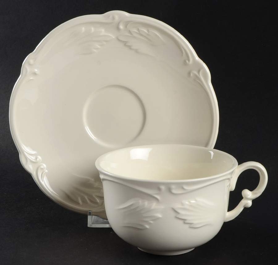 Rocaille Blanc (White) Flat Cup & Saucer Set by Faiencerie De Gien-1