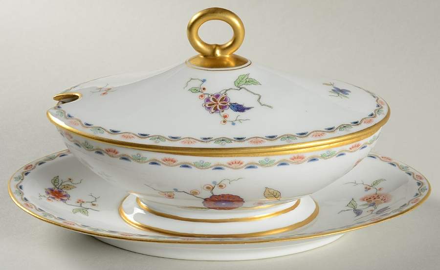 Old Chinese Gravy Boat w/Attached Underplate & Lid by Ginori 1735-1