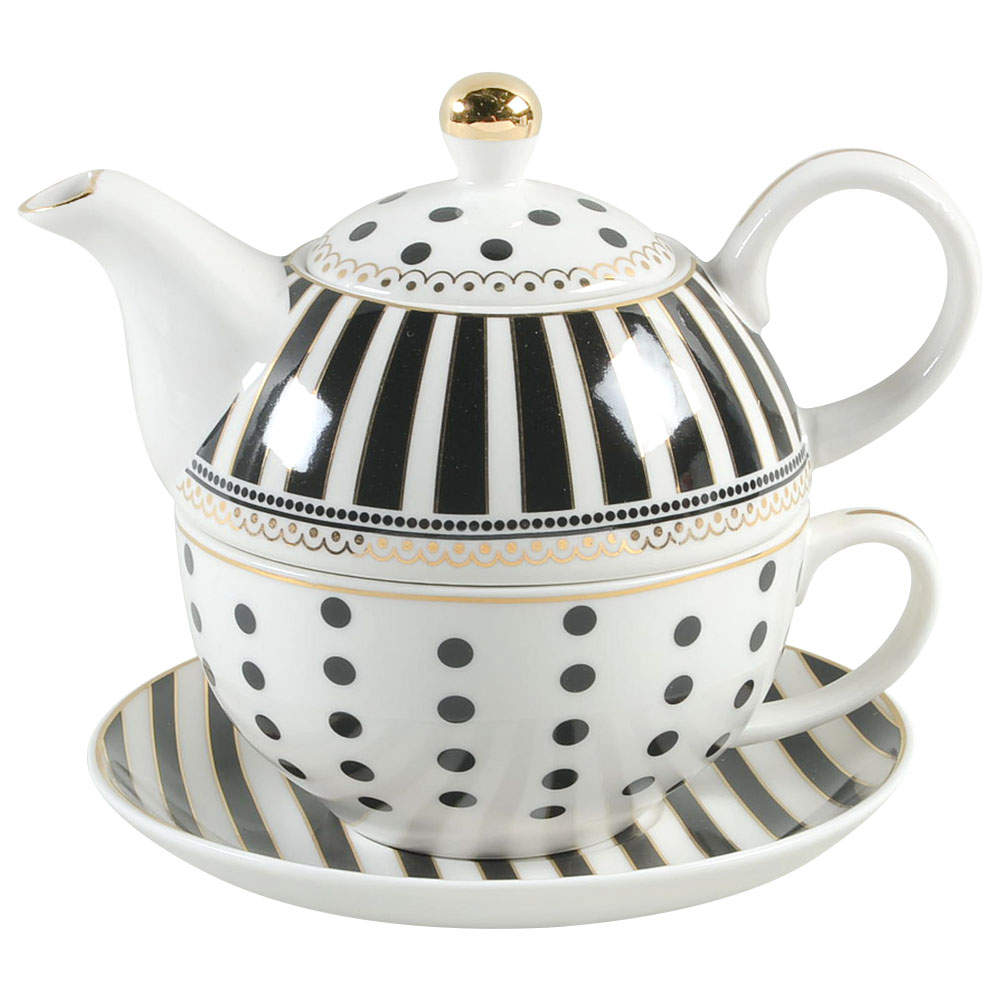 Josephine Black Individual Teapot & Lid with Cup & Saucer by Grace's Teaware-1