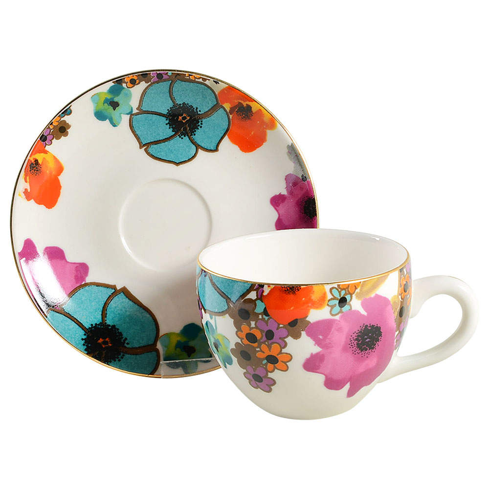 Multi Poppy Flat Cup & Saucer Set by Grace's Teaware-1
