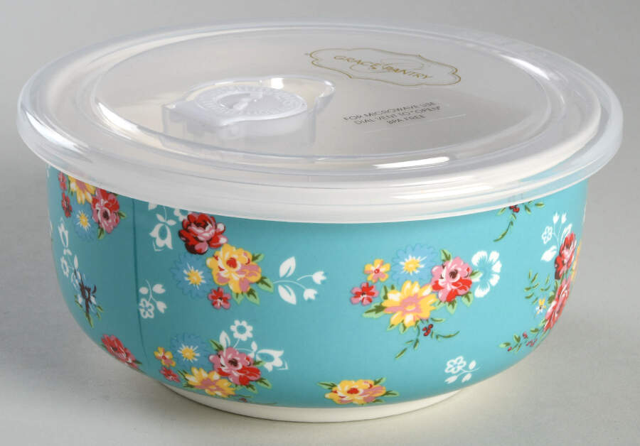 Shabby Rose Turquoise 6" Storage Bowl Ceramic with Plastic Lid by Grace's Teaware-1