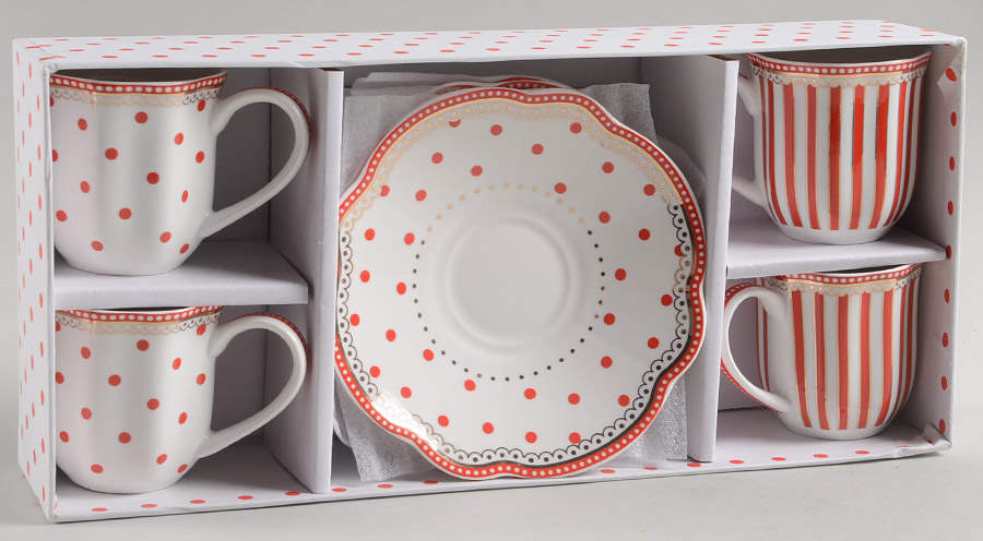 Josephine Red Espresso Cup & Saucer Set - Set of 4 Motif Boxed by Grace's Teaware-1