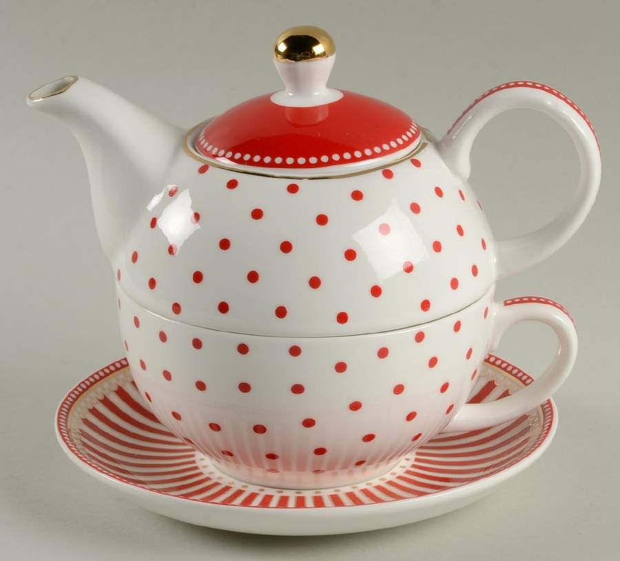 Josephine Red Individual Teapot & Lid with Cup & Saucer by Grace's Teaware-1