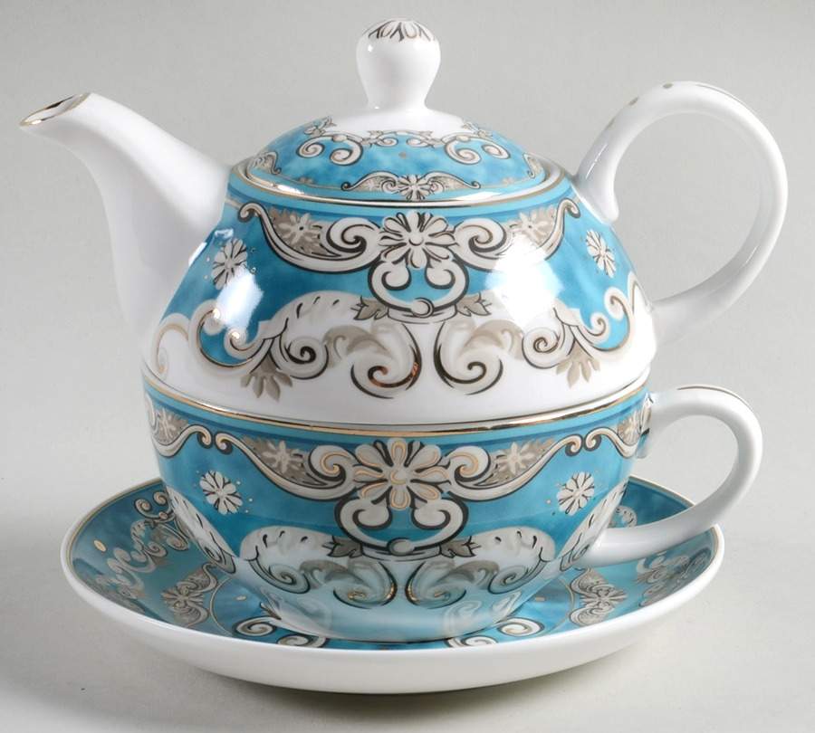 Venetian Turquoise Individual Teapot & Lid with Cup & Saucer by Grace's Teaware-1