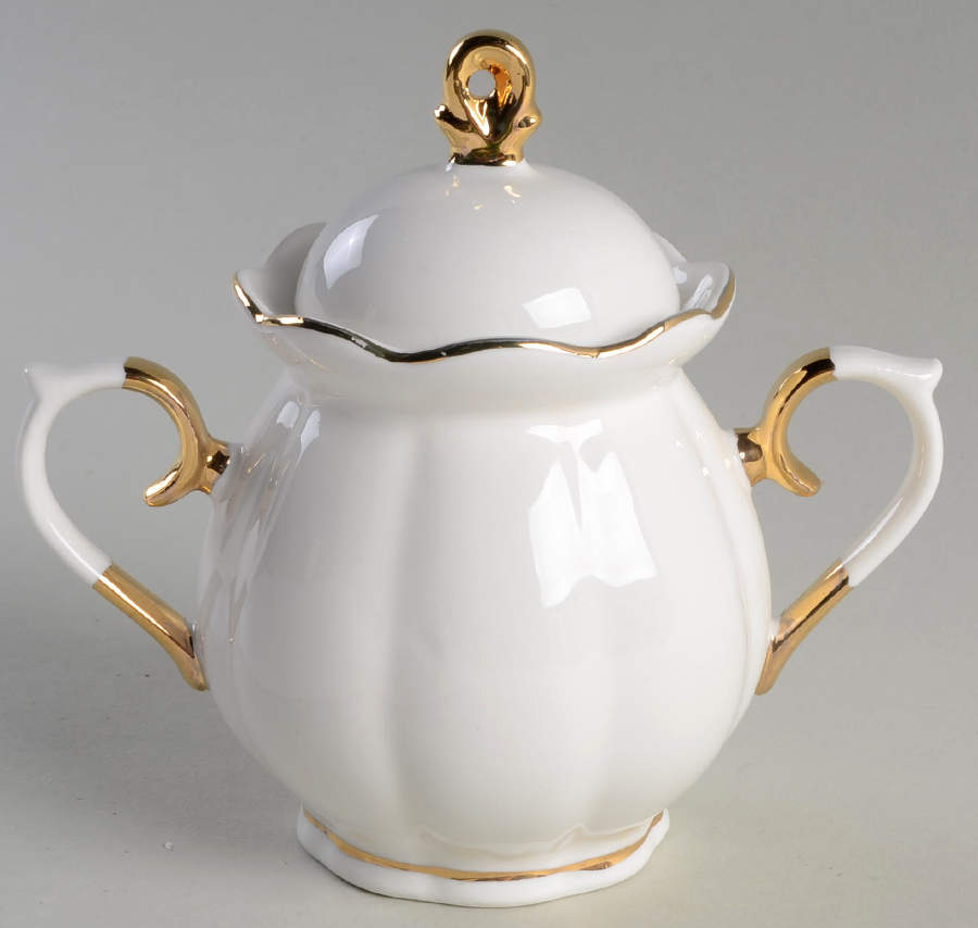 Scallop White (Gold Trim) Sugar Bowl & Lid by Grace's Teaware-1