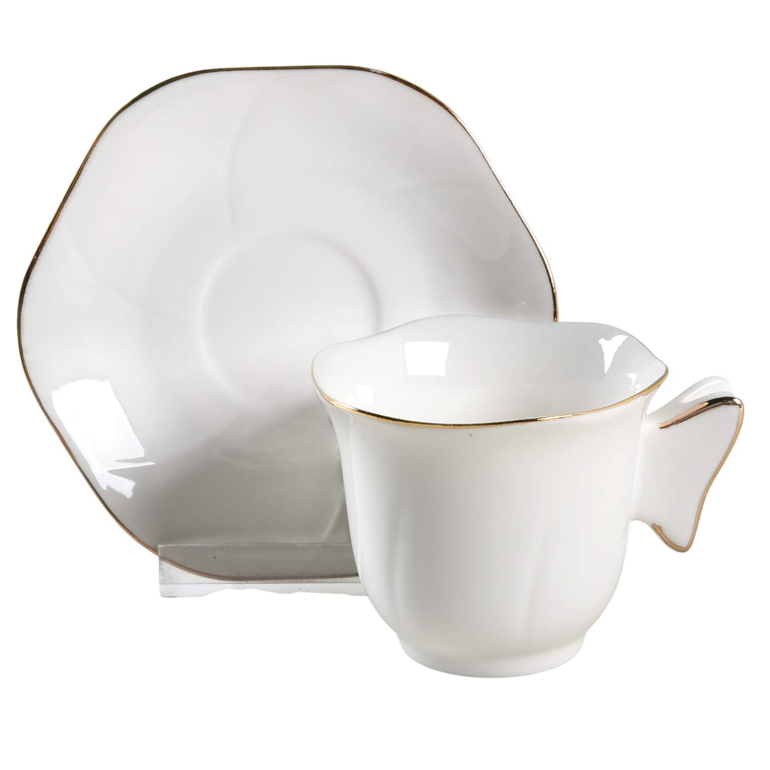 Scallop White (Gold Trim) Flat Demitasse Cup & Saucer Set by Grace's Teaware-1