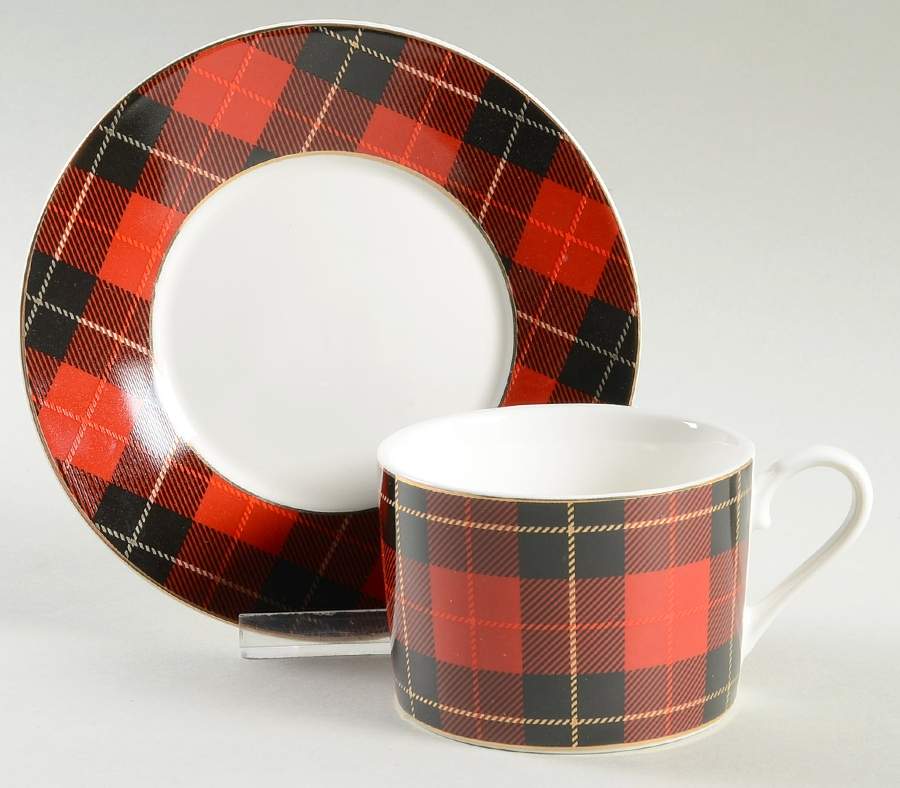 Red Plaid Flat Cup & Saucer Set by Grace's Teaware-1