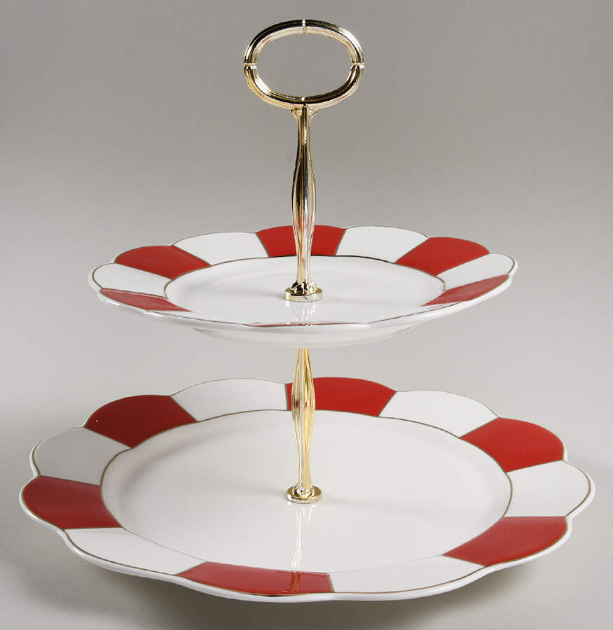 Red Scallop 6 5/8"-10"  2 Tiered Serving Tray (Dp, Sp) HC by Grace's Teaware-1