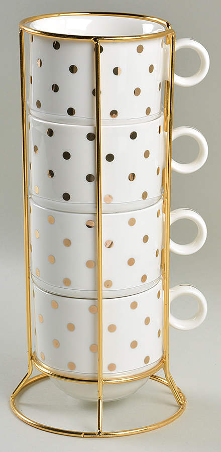 Variety Gold Dots Stackable Mug - Set of 4 & Metal Holder by Grace's Teaware-1