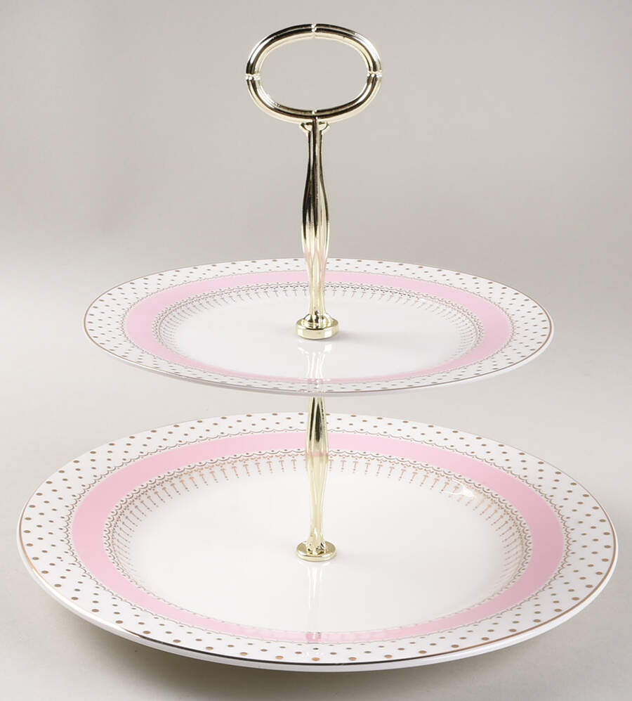 Pin Dots Pink 6 5/8"-10"  2 Tiered Serving Tray (Dp, Sp) HC by Grace's Teaware-1