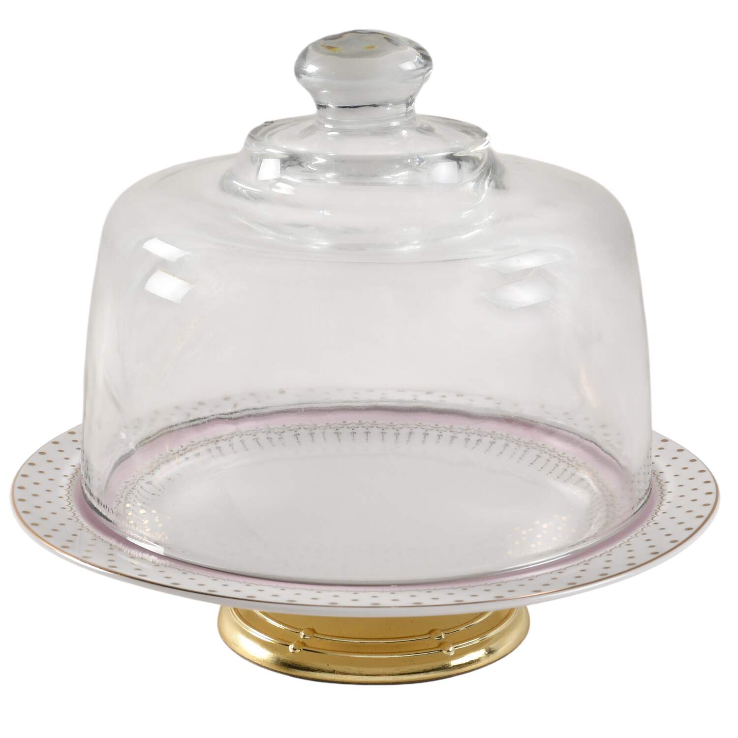 Pin Dots Pink 6 1/2"-7 1/2" Footed Cheese Plate w/ Glass Dome HC by Grace's Teaware-1
