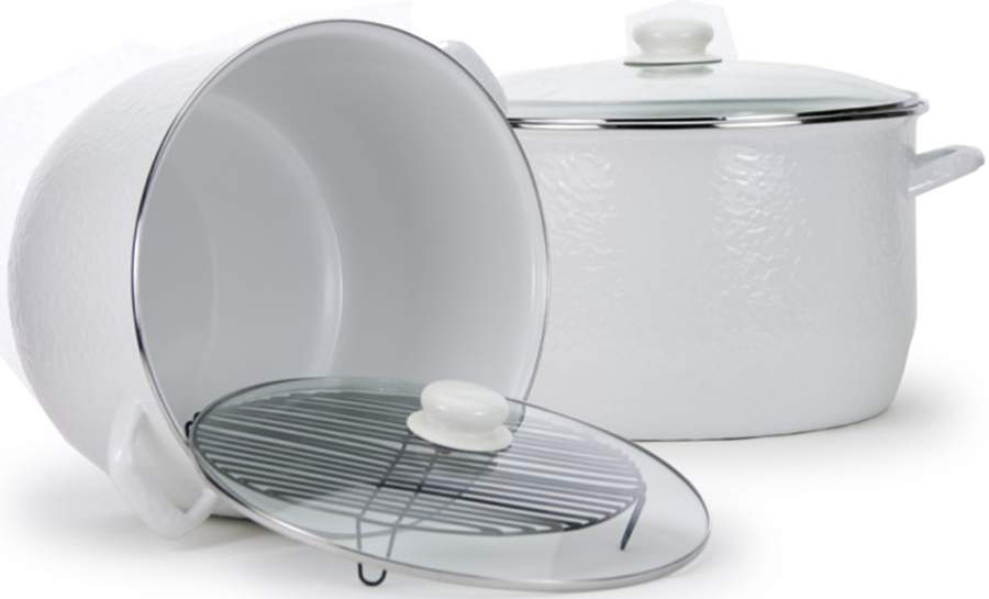 White on White Enamelware 18 Qt Stockpot & Glass Lid with Metal Rack by Golden Rabbit Enamelware-1