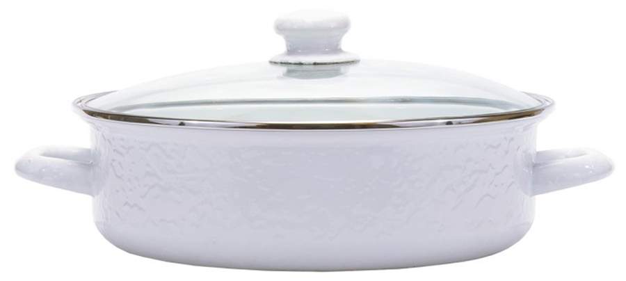 White on White Enamelware 13" Saute' Pan & Lid by Golden Rabbit Enamelware-1