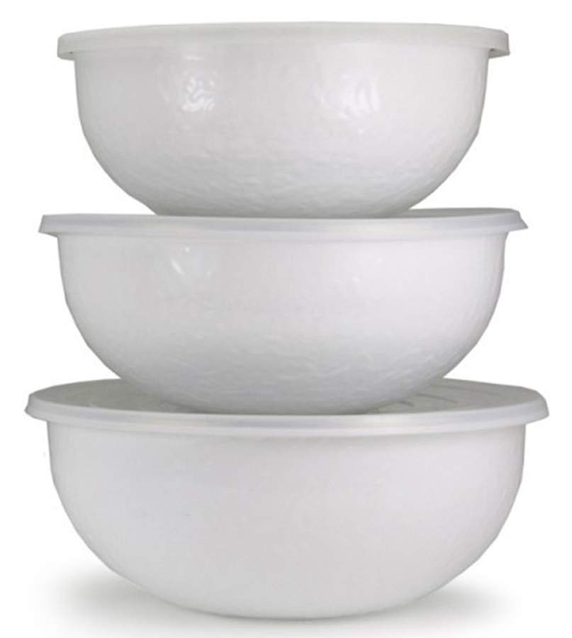 White on White Enamelware Mixing Bowl Set (MB10, MB9, MB8) by Golden Rabbit Enamelware-1