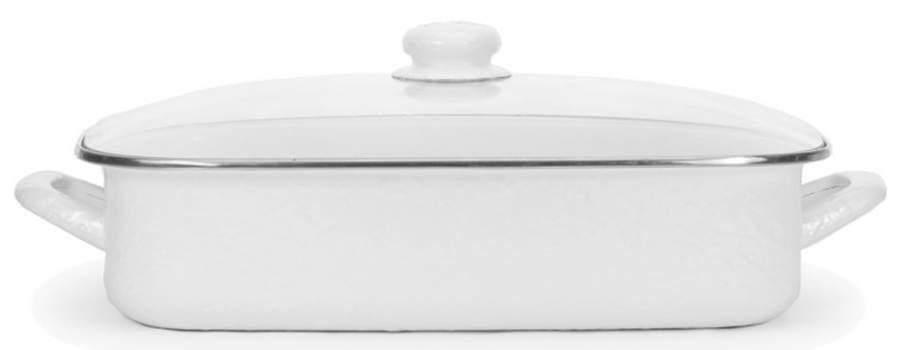 White on White Enamelware 16" Lasagna & Lid by Golden Rabbit Enamelware-1