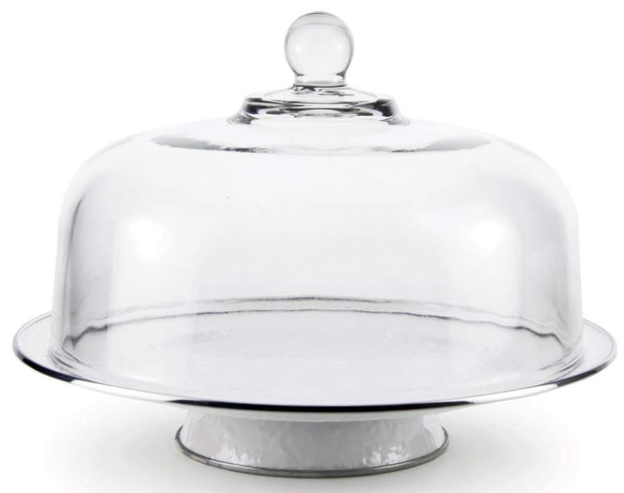 White on White Enamelware 12" Diameter Pedestal Cake Stand & Glass Dome by Golden Rabbit Enamelware-1