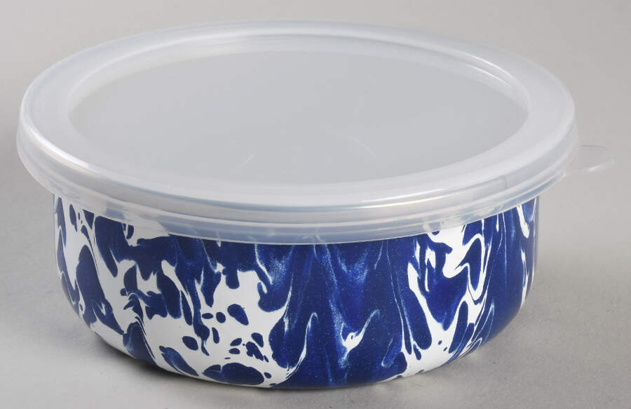 Cobalt Swirl Enamelware Soup/Cereal Bowl & Plastic Lid by Golden Rabbit Enamelware-1