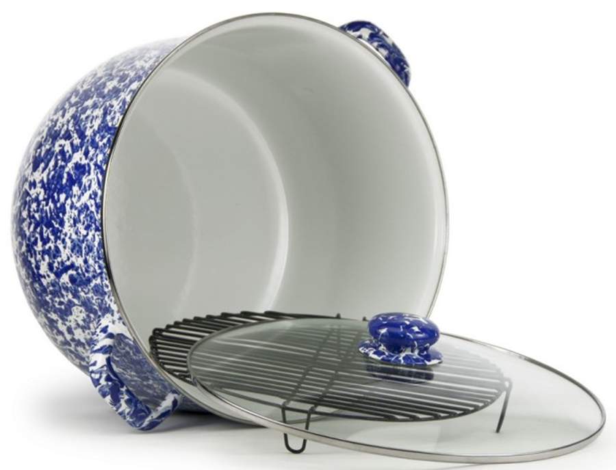 Cobalt Swirl Enamelware 18 Qt Stockpot & Glass Lid with Metal Rack by Golden Rabbit Enamelware-1