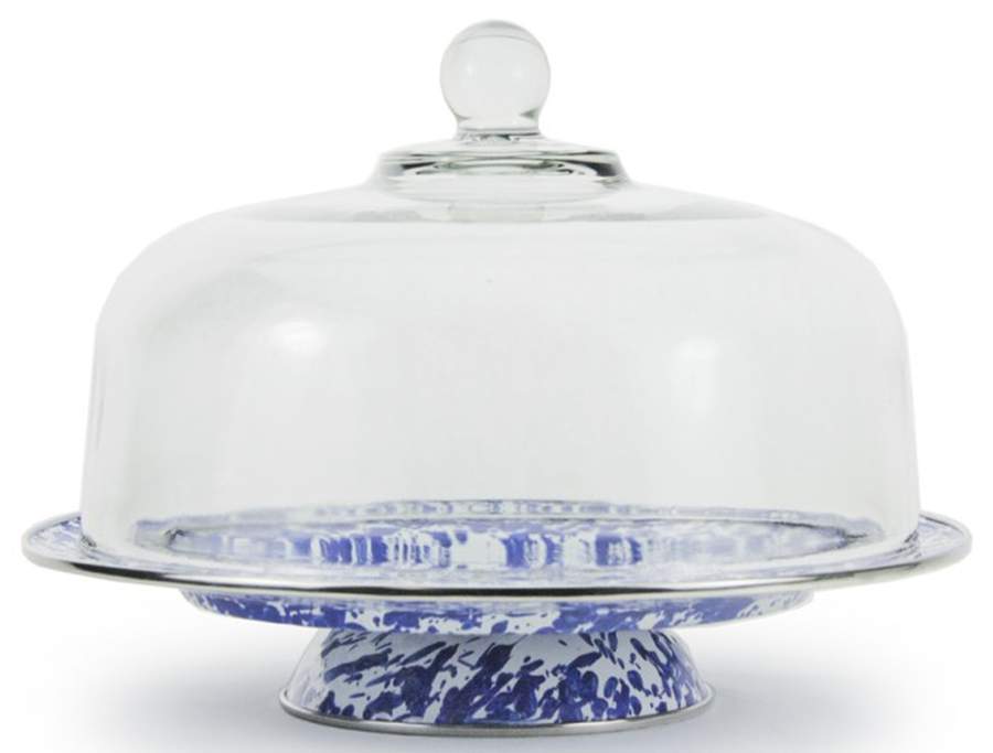 Cobalt Swirl Enamelware 12" Diameter Pedestal Cake Stand & Glass Dome by Golden Rabbit Enamelware-1