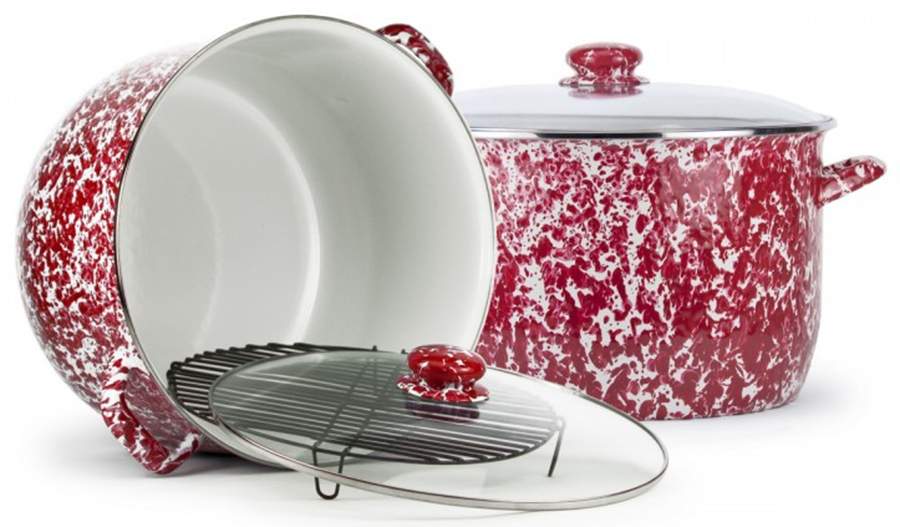 Red Swirl Enamelware 18 Qt Stockpot & Glass Lid with Metal Rack by Golden Rabbit Enamelware-1