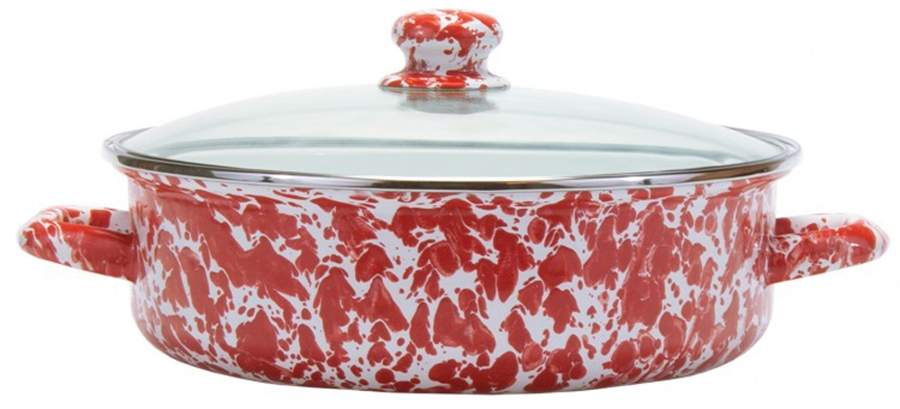 Red Swirl Enamelware 10" Saute' Pan & Lid by Golden Rabbit Enamelware-1